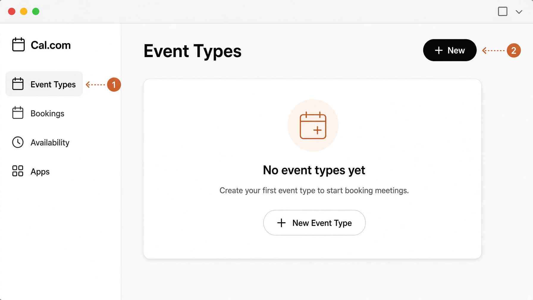 Cal.com Event Types. Sidebar Event Types, then New.