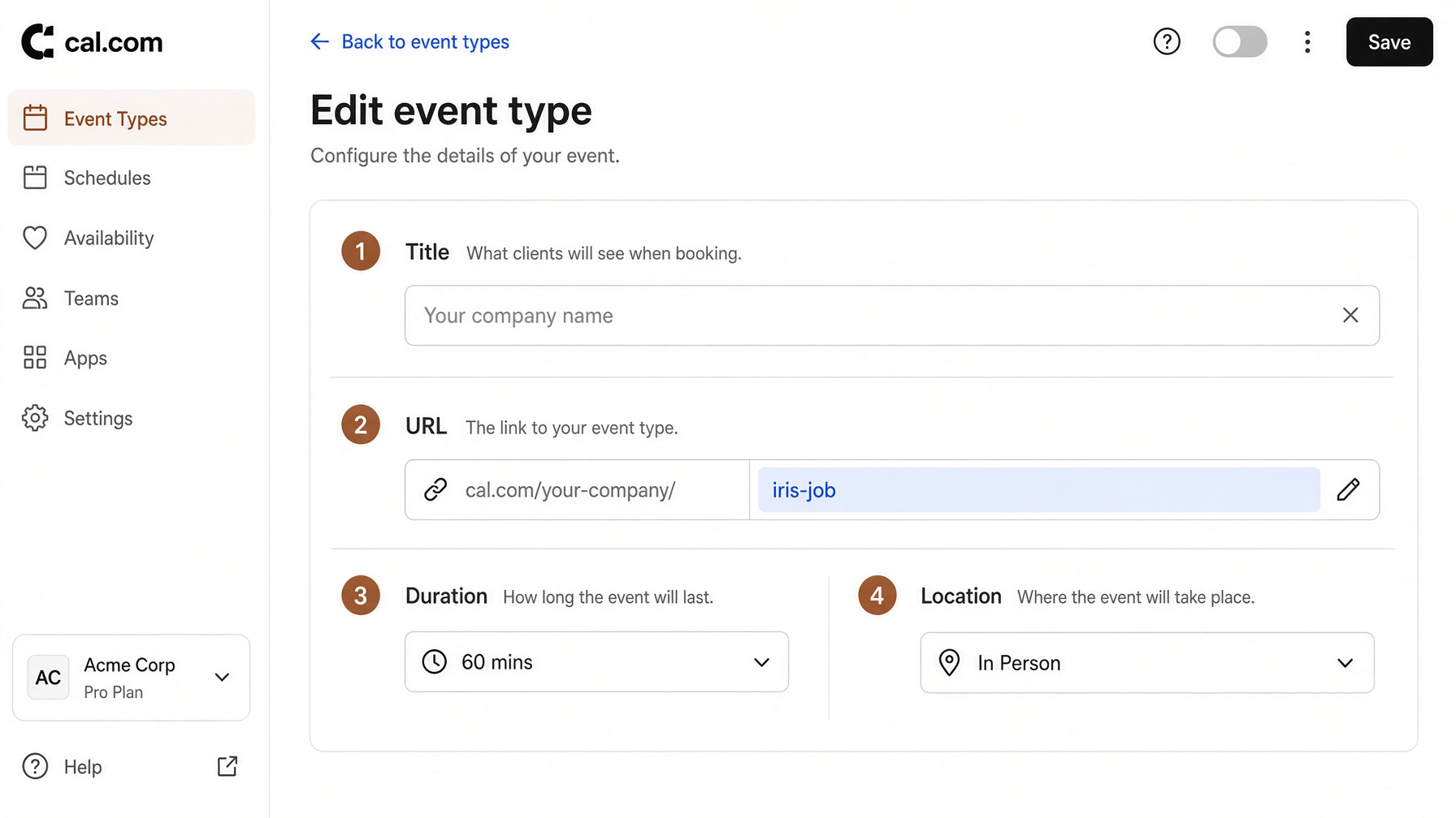 Event form: company name, iris-job URL, length matching Schedule Appointment length, In Person.