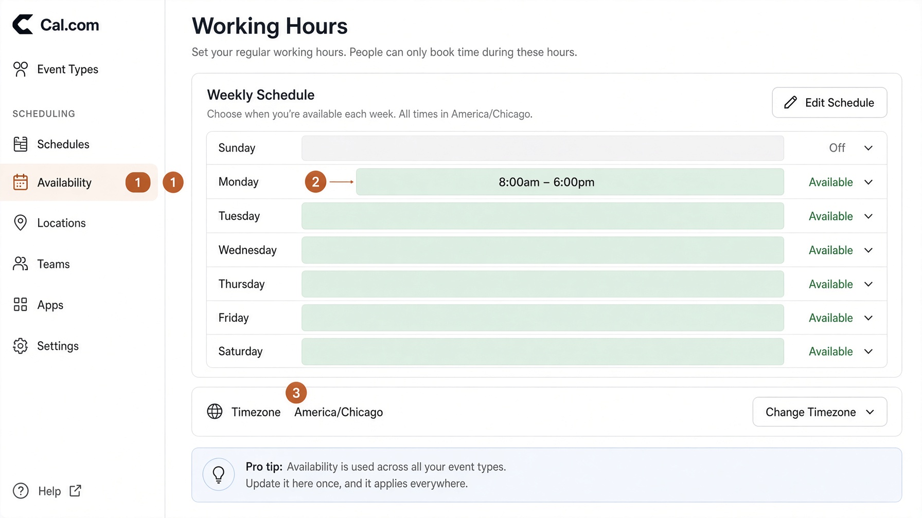 Working hours: Availability, day boxes, time zone.