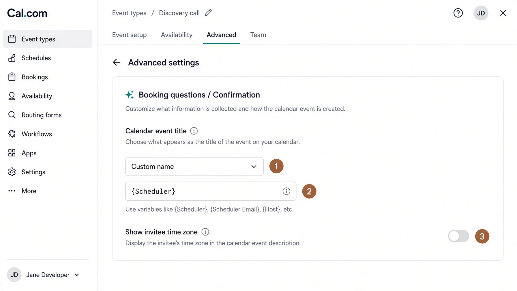 Custom name set to {Scheduler}. Invitee time zone off.